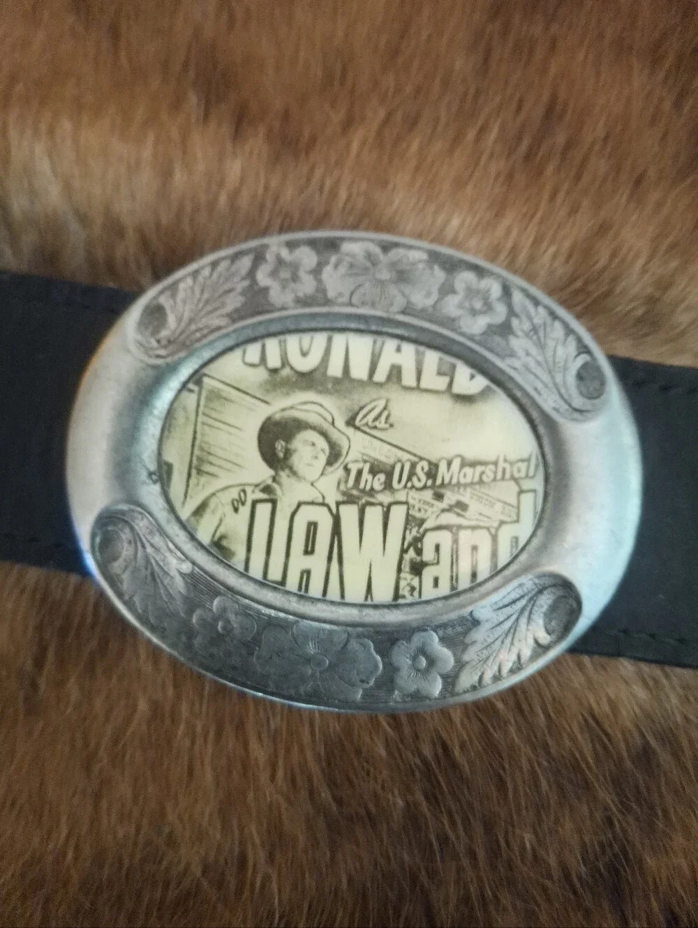 *RARE* Vintage Black Leather Belt with Western Actor Portrait Conchos